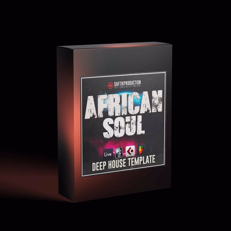 Cover artwork for ‘African Soul – Deep House Template’ featuring visuals inspired by deep house music and African soul elements, designed for Ableton Live, Logic Pro X, Cubase, and FL Studio.