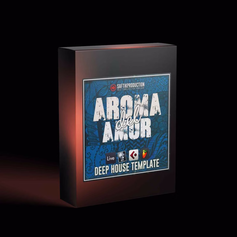 Cover image for Aroma Del Amor – Deep House template, available for Ableton Live, Logic Pro X, Cubase, and FL Studio. Features vibrant artwork evoking soulful and rhythmic house music.