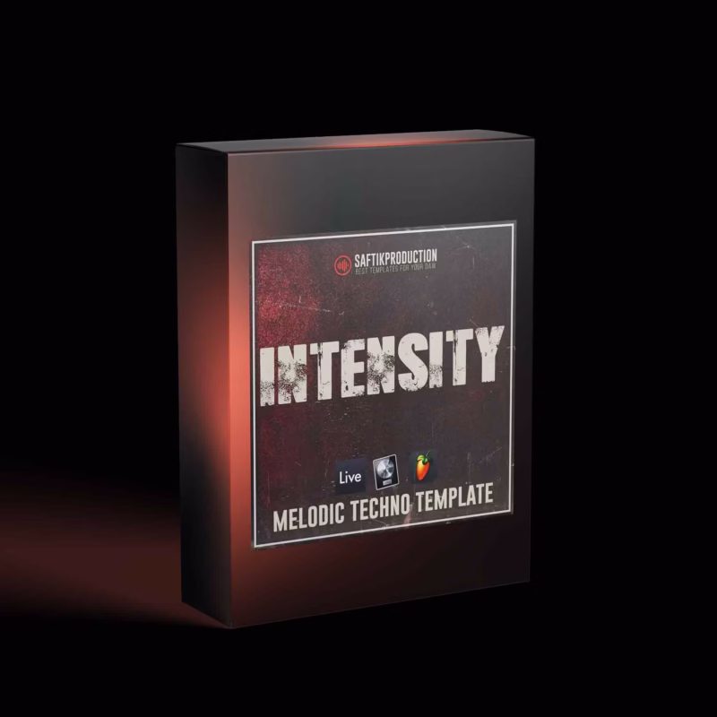 Cover artwork for 'Intensity' melodic techno template, featuring a modern, electronic-inspired design. This product offers a professional music production template for Ableton Live, Logic Pro X, and FL Studio.