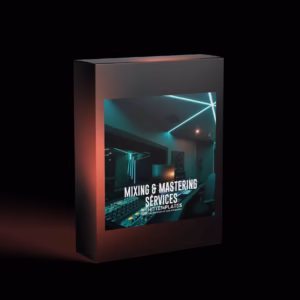 Professional audio mixing and mastering equipment setup with digital audio workstation interface, studio monitors, and sound engineering tools for music production services